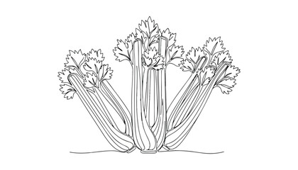 Continuous Simple black line art drawing of a celery stalk vegetable in a minimalist style on a white background. © shoshi