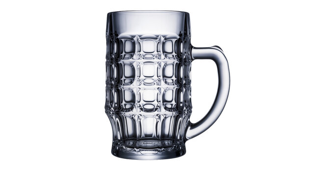 Clear glass beer mug with textured pattern and handle