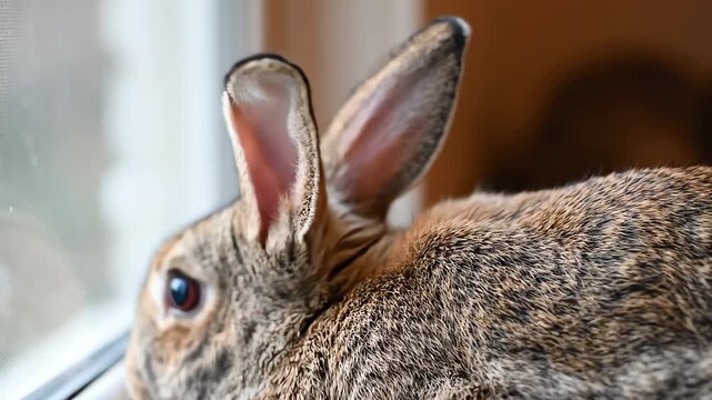 Rabbit Looks Curiously Out Window with Twitching Ears