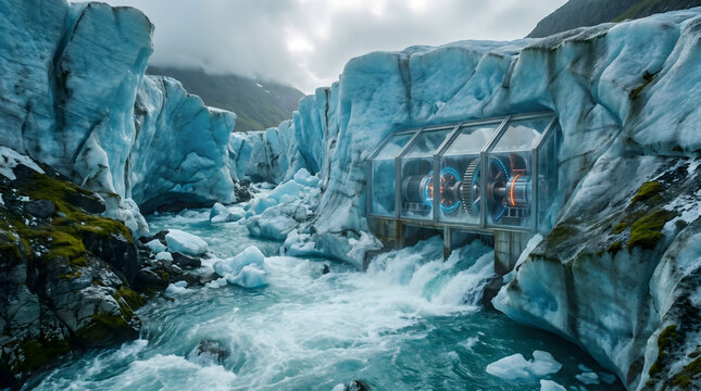 Futuristic Hydroelectric Power Station Generating Energy in Arctic Glacier River