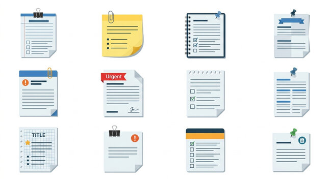 Collection of Various Document Icons Representing Paperwork and Information.