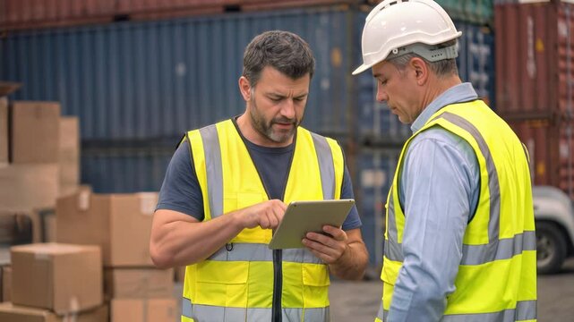 Logistics managers reviewing inventory data on tablet at shipping terminal. Professional men in safety vests discussing distribution operations. Panning camera movement.