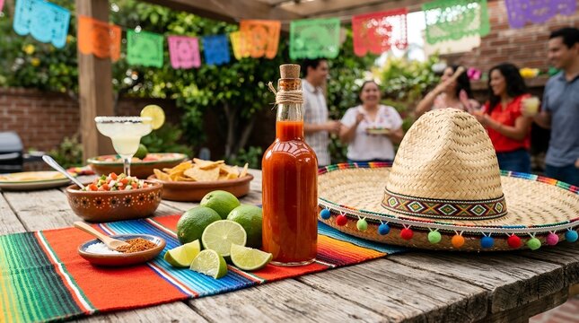 Festive Cinco de Mayo celebration setup featuring vibrant traditional Mexican decorations, colorful sombreros, maracas, and cultural party elements on a bright celebratory background display.