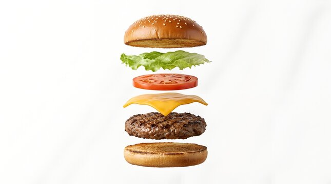 Creative Food Concept of Burger Ingredients Exploding in Mid-Air, Featuring Flying Sesame Bun, Juicy Beef Patty, Fresh Lettuce, Tomato Slices and Melting Cheese on a Clean Gradient Background.