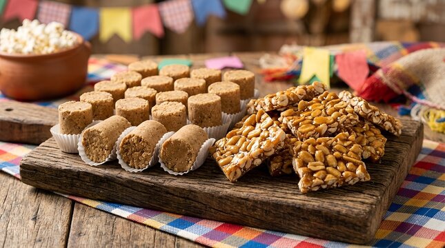 Traditional Brazilian sweets including delicious peanut-based pacoca and crunchy pe de moleque candy arranged beautifully on a rustic surface, representing authentic regional flavors and culture.