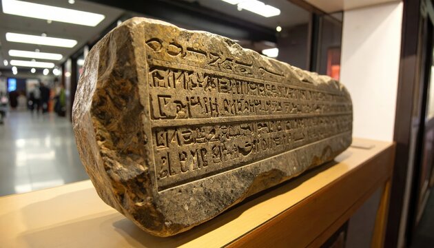 Detailed replica of the Rosetta Stone showing three different ancient scripts, an artifact central to Egyptian history and language decipherment.