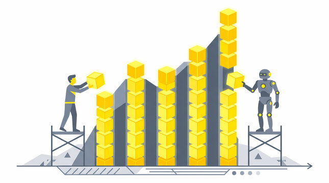 Vector illustration of a human and a robot on scaffolding collaborating to build a business growth bar chart out of yellow blocks
