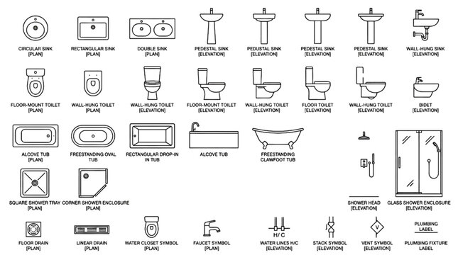 Bathroom fixture architectural line art icon collection with plan and elevation views for interior floor plans