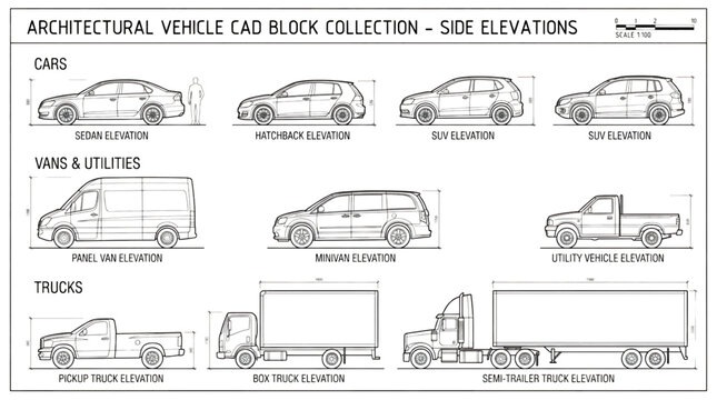 Professional architectural side view vehicle CAD blocks featuring car van and truck elevation drafting collection