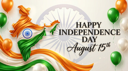 Fototapeta premium Happy Independence Day August 15 Celebration Banner with Tricolor Balloons Ashoka Chakra and Flag Design