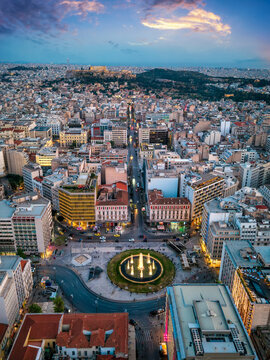 Elevated view of the central Athens skyline, Greece, from Omonia Square until the Acropolis hill during dusk
