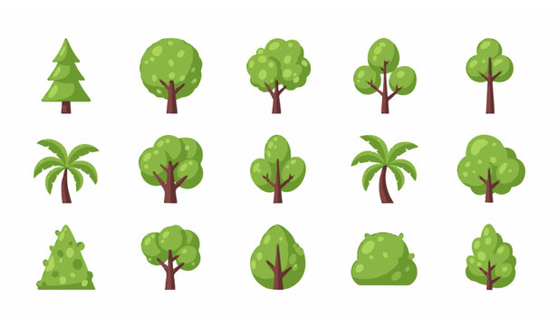 Green Nature Tree Icon Collection with Palm and Bush Vector Pack