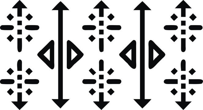 Black and white geometric pattern with arrows and shapes