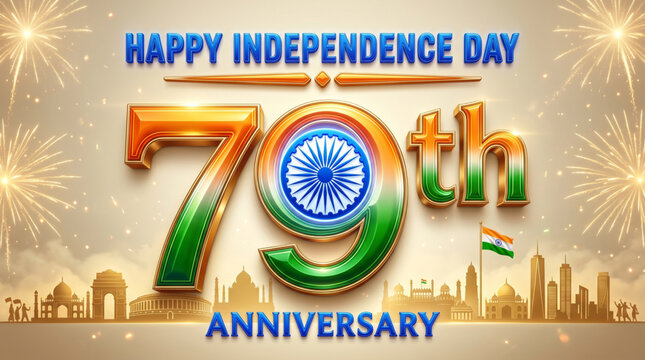 79th Independence Day Anniversary Celebration Banner with Ashoka Chakra Fireworks and India Skyline