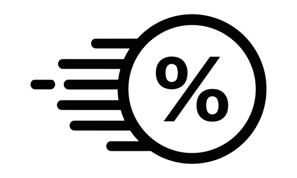 Minimalist black and white percentage icon in a circular frame with horizontal speed lines representing fast discounts and finance growth concept