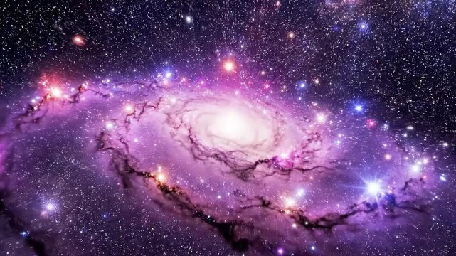 A vibrant purple galaxy with a bright white center, surrounded by stars and cosmic dust