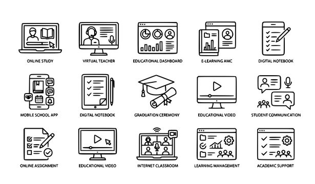 Minimal e learning and online education thin line icons for school and digital study vector illustration