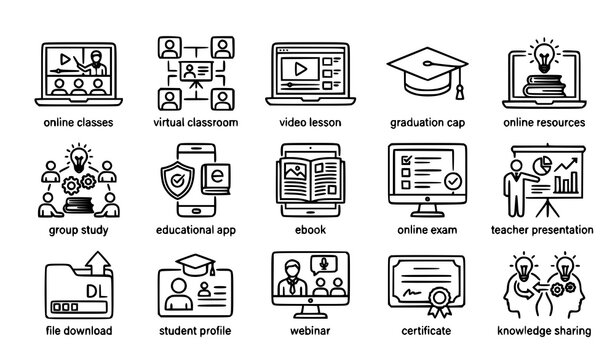 E learning and online school thin line icons set for digital education vector illustration