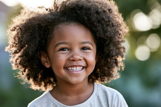 Smiling young girl with curly hair outdoors in natural light