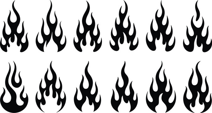 Stylized black flame silhouette icons in multiple variations, abstract fire designs for logos, decorative artwork, and creative graphic elements