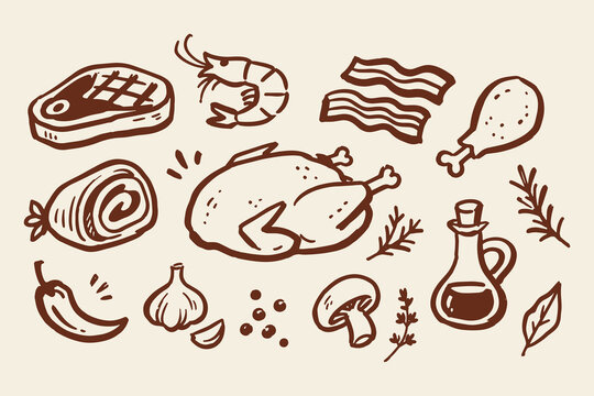 Meat and Roast Chicken Sketch Doodle Vector