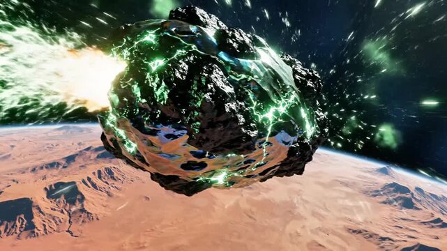 A large green asteroid hurtles towards a distant planet's surface, emitting sparks
