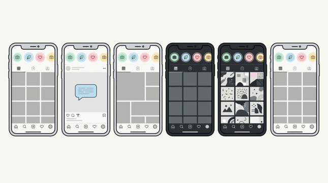 Set of iPhone mobile UI screens in light and dark modes showcasing app wireframes and mockups.