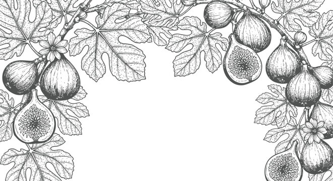 Fig branch border, of figs and leaves on white background