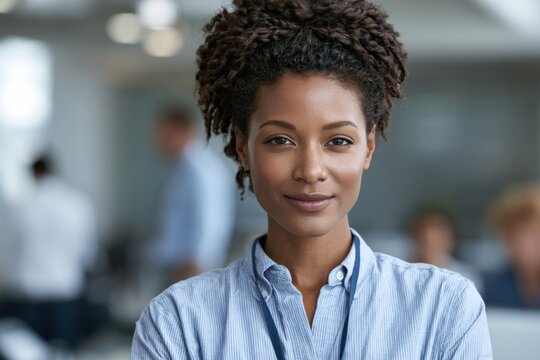 Confident young woman in blue shirt in modern office environment