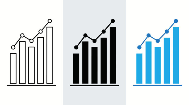 Three-panel bar and line chart illustrating upward business growth, sales trends, and data visualization in a clean vector illustration.