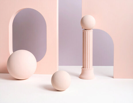 Minimalist 5D geometric podium presentation background with pastel blue blocks and balancing spheres