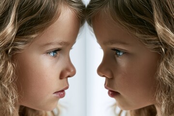 Fototapeta premium Close-up of young girl looking at her reflection with serious expression