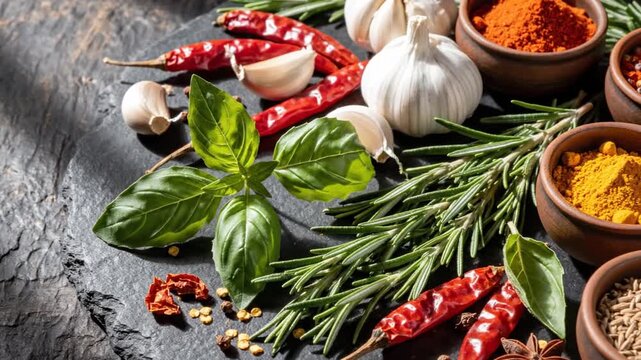 A vibrant collection of fresh herbs and spices, including chili peppers, garlic, rosemary, and basil, arranged artfully on a dark surface