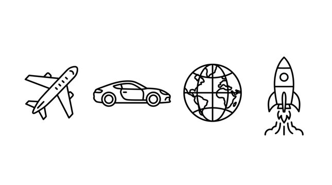 Set of transportation and travel icons including plane car globe and rocket.