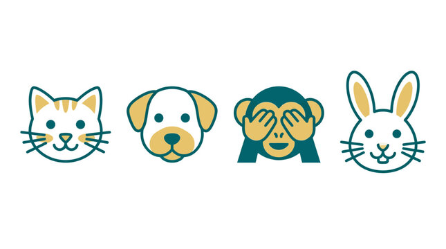 Four animal faces with cat dog monkey and rabbit.