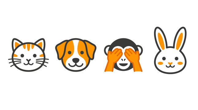 Cute animal faces with cat dog monkey and rabbit.