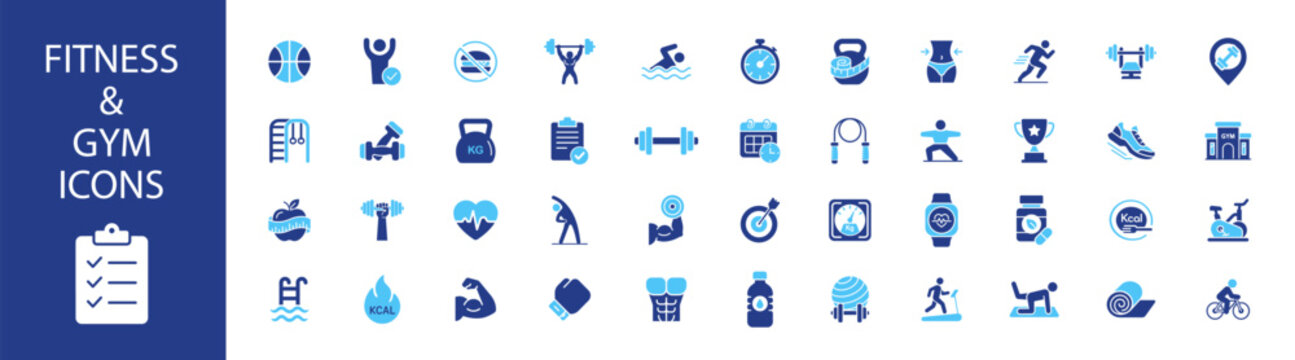 Fitness training icons, gym and exercise equipment symbol collection on transparent background