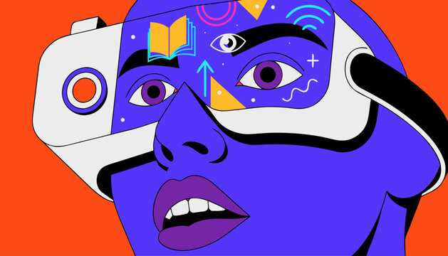 Very beautiful close-up portrait of a student wearing an advanced virtual reality headset with glowing educational elements and immersive futuristic learning visuals.