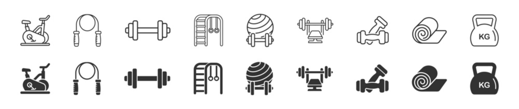 Fitness gym icon collection, weightlifting and workout symbols on transparent background