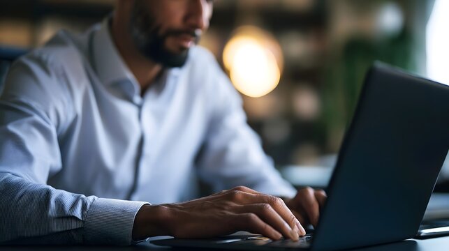 A focused man works on a laptop in a bright modern workspace symbolizing digital business and concent n