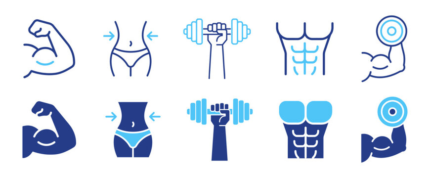 Muscle and fitness icons, strength workout and bodybuilding symbols on transparent background
