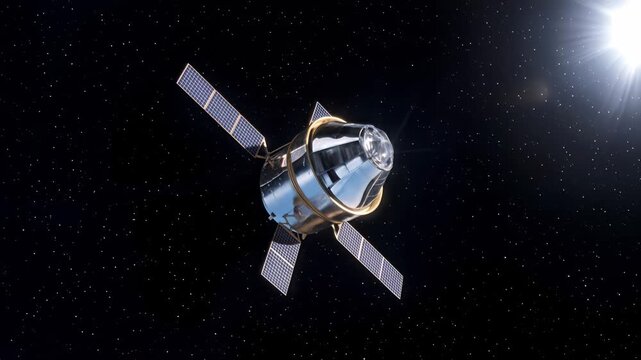 Spacecraft orbiting in deep space with solar panels extended. Panning shot of satellite against starry background and bright sun flare.