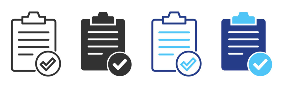 Checklist verification icons, document approval and compliance symbols on transparent background