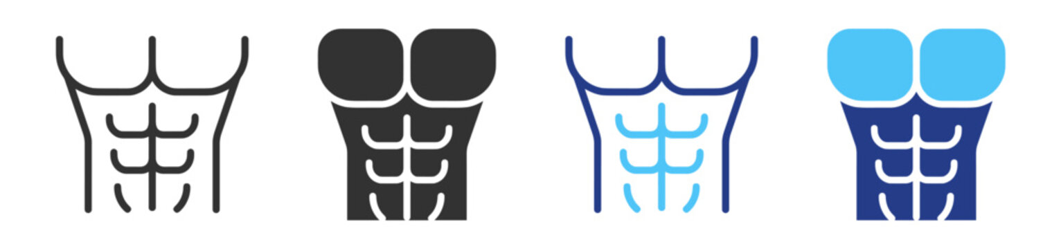 Abs workout icons, abdominal muscle and fitness training symbols on transparent background