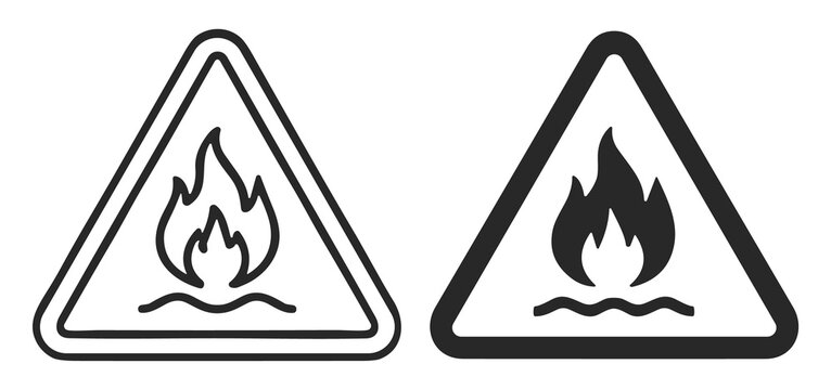 Black and white fire hazard warning icons with flames and wavy line inside triangular borders on transparent background