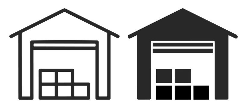 icon set of two storage warehouses with stacked boxes representing inventory and storage facilities on transparent background
