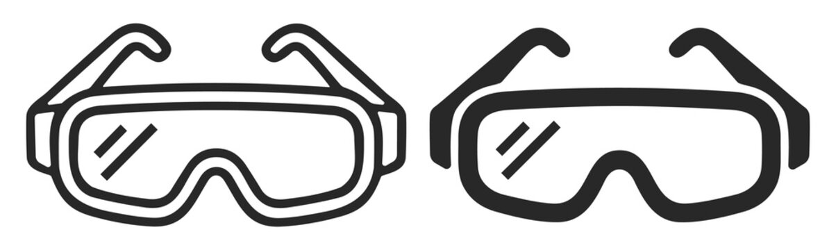 Set of two black and white safety goggles icons with protective lenses and side arms on transparent background