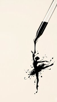 A minimalist and creative black ink illustration featuring a graceful ballerina silhouette emerging from a drop of ink. At the top, a pipette (dropper) releases a fluid stream of black ink that transf