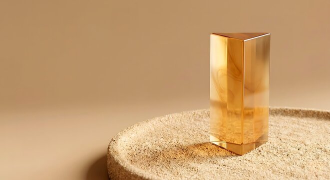 3D render or studio photograph of an empty amber crystal prism standing on a round textured concrete tray over a solid beige background, creating a sleek mockup scene for product presentation.
