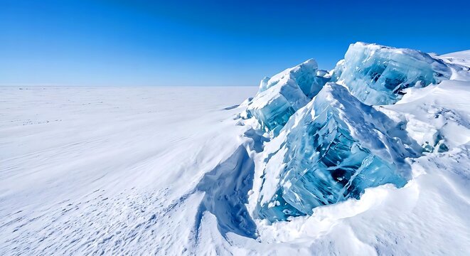 Beautiful turquoise hummocks of transparent ice on Baikal lake under clear blue sky in winter, Siberia.
